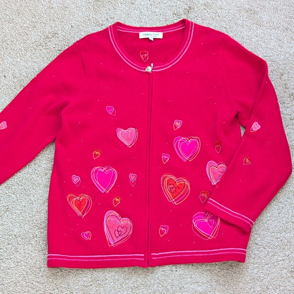 COLDWATER CREEK Y2K Heart Embroidered Full Zip Cardigan Sweater Pink L